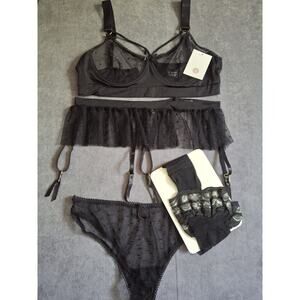 Icollection Risque Black 4-Piece BRA, PANTY, GARTER, NYLONS Lingerie Set Large